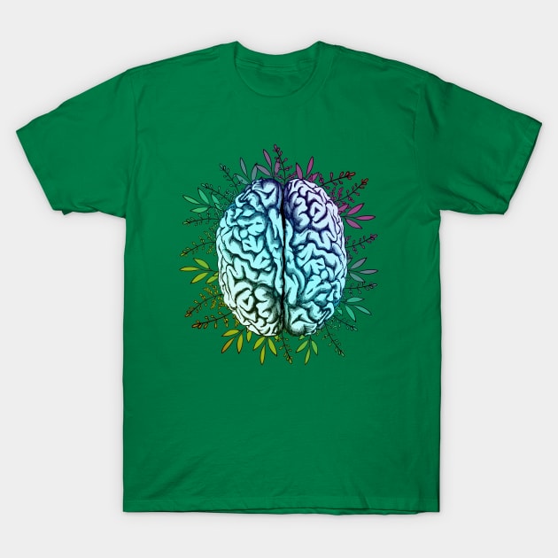 Brain, rainbow color,leaves,positivity, creativity, right hemisphere brain, health, Mental, mind T-Shirt by Collagedream